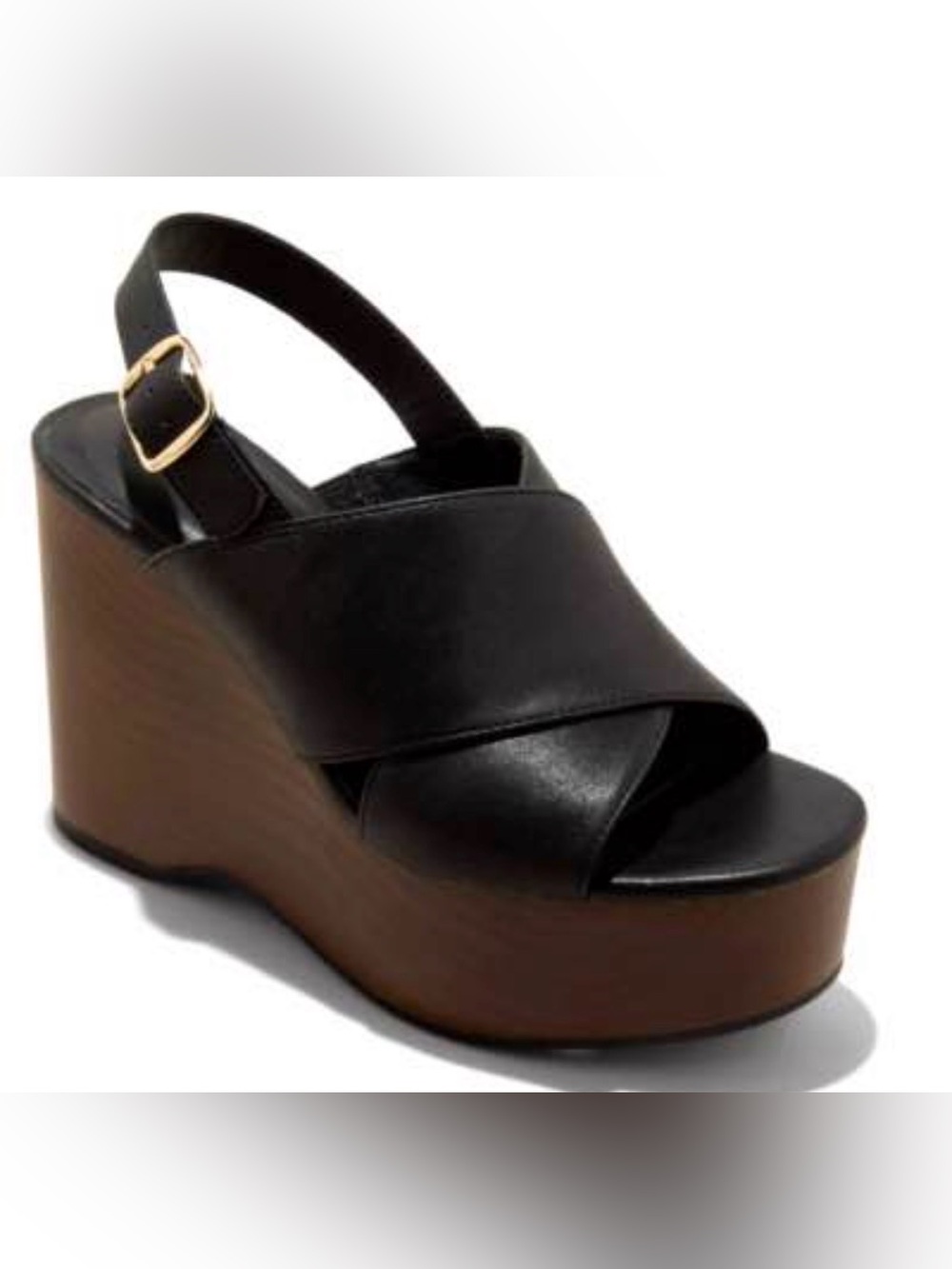 Universal Thread Black Leather Platform Wedge Sandal with Brown Wood-Look Sole